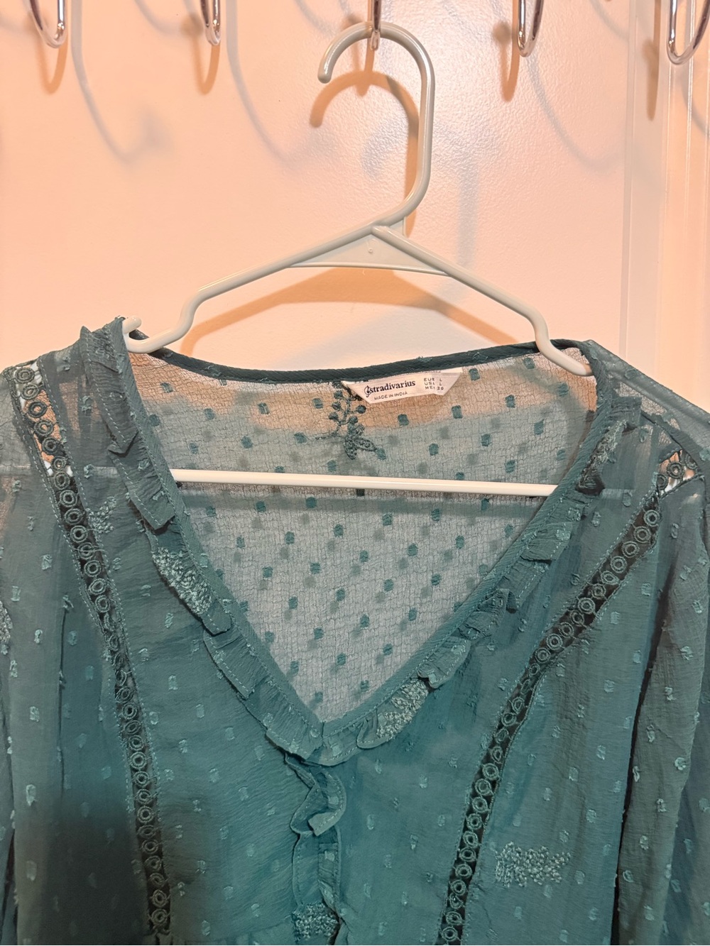 Stradivarius Teal dotted lace V-neck ruffle Blouse